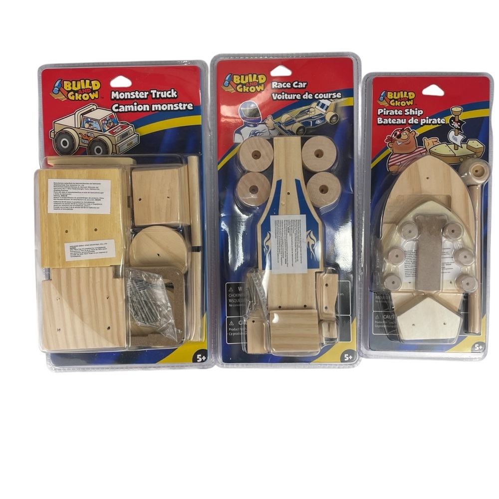 Set of 3 Build & Grow Wooden Building Toys Monster Truck, Race Car, Pirate Ship